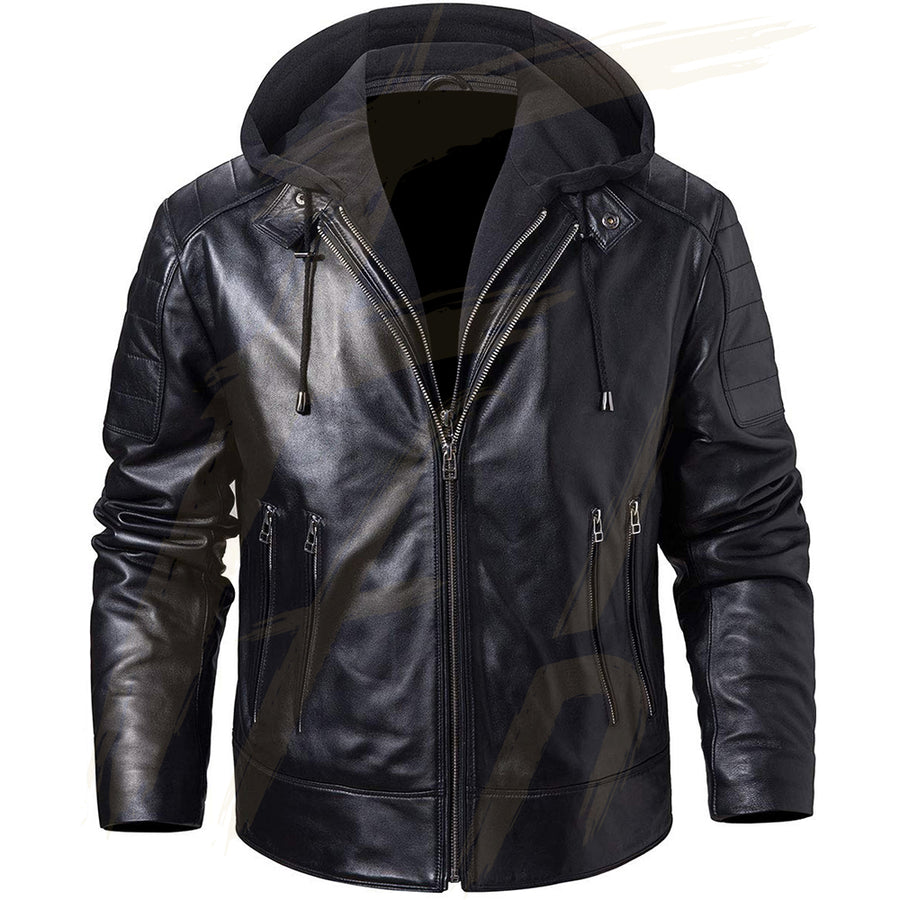 Black Lambskin Leather Jacket for Mens with Detatchable Hoodie