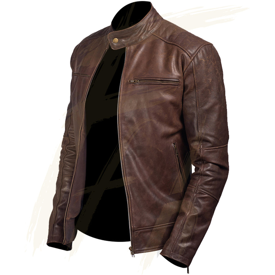 Distressed Look Dark Brown Classic Diamond Leather Jacket for Men