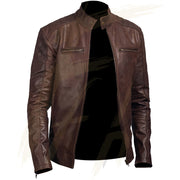 Distressed Look Dark Brown Classic Diamond Leather Jacket for Men