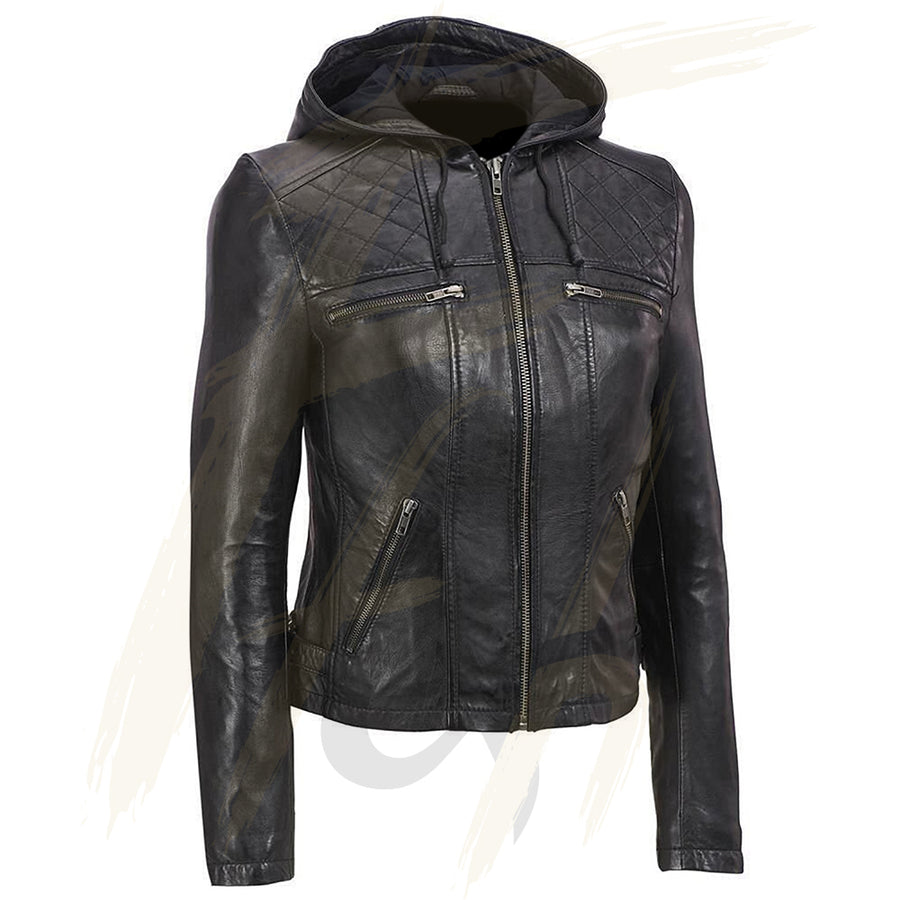 Flintoff Quilted Biker Leather Jacket for Women - Black Premium Lambskin Leather Jacket Hood