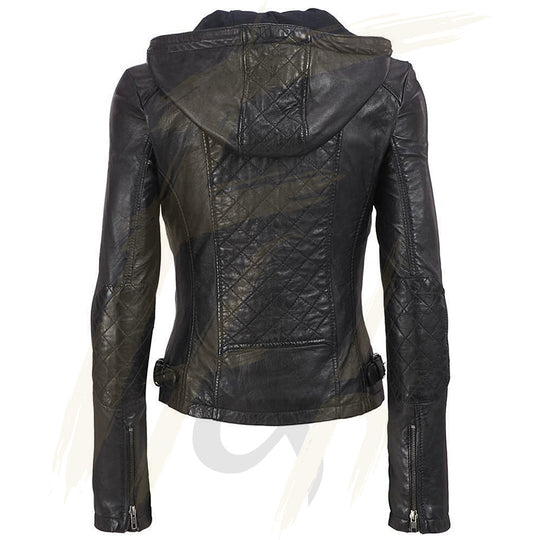 Flintoff Quilted Biker Leather Jacket for Women - Black Premium Lambskin Leather Jacket with Hood