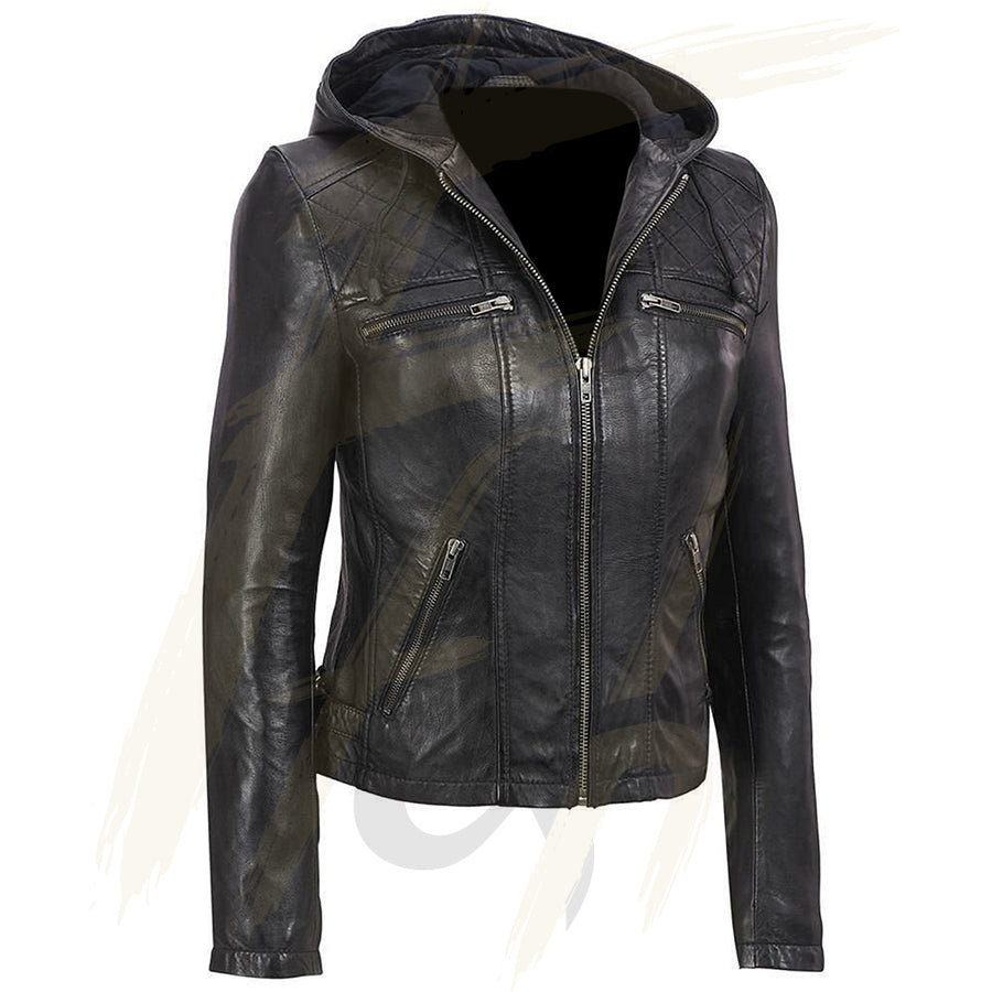 Flintoff Quilted Biker Leather Jacket for Women - Black Premium Lambskin Leather Jacket