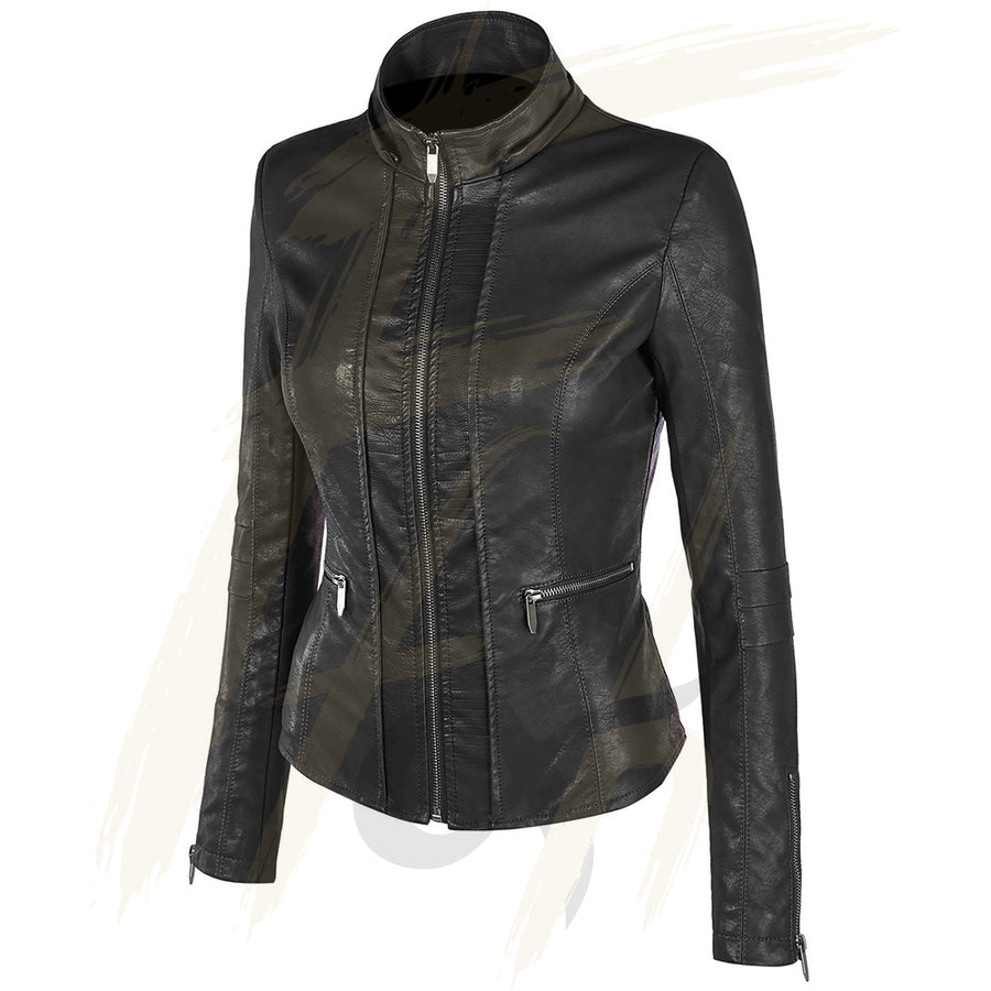 Leather Jacket Women Motorcycle Coat for Biker with  Hood