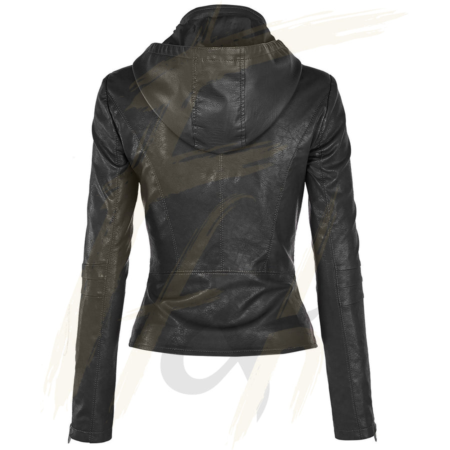 Leather Jacket Women Motorcycle Coat for Biker with  Hood