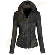 Leather Jacket Women Motorcycle Coat for Biker with  Hood