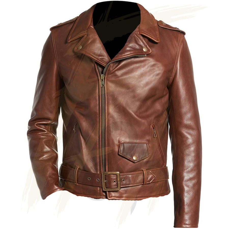 Notch Collar Distressed Leather Jacket for Men