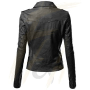 Notch Collar Quilted Biker Leather Jacket for Women - Lambskin Leather Jacket for Female Black