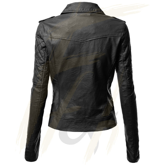 Notch Collar Quilted Biker Leather Jacket for Women - Lambskin Leather Jacket for Female Black