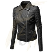 Notch Collar Quilted Biker Leather Jacket for Women - Lambskin Leather Jacket for Female in Black (2)