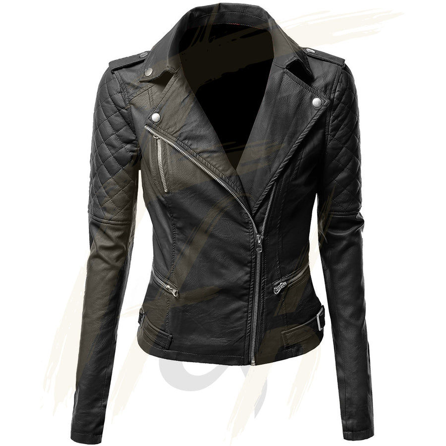 Notch Collar Quilted Biker Leather Jacket for Women - Lambskin Leather Jacket for Female in Black