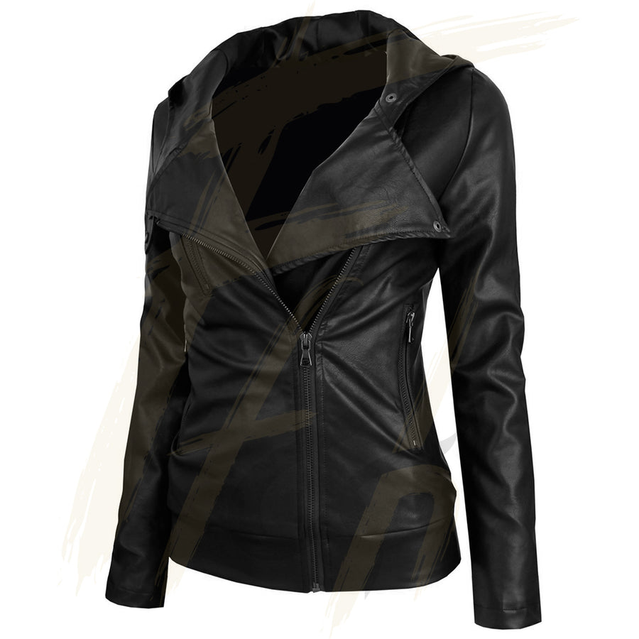 Notch Collar Quilted Lambskin Leather Jacket with Detachable Hoodie (2)