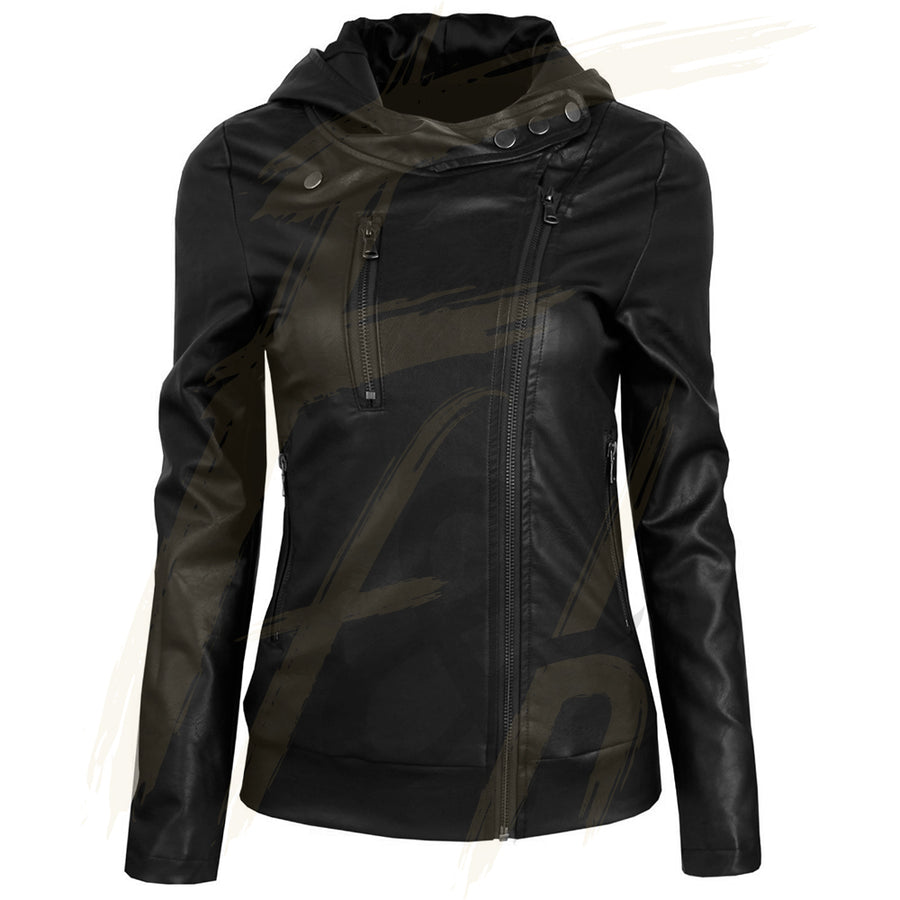 Notch Collar Quilted Lambskin Leather Jacket with Detachable Hoodie